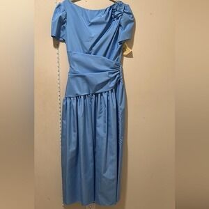 Vintage‎ Blue Satin Rosette Puff Sleeve Prom Formal Evening Gown Dress 80s Style